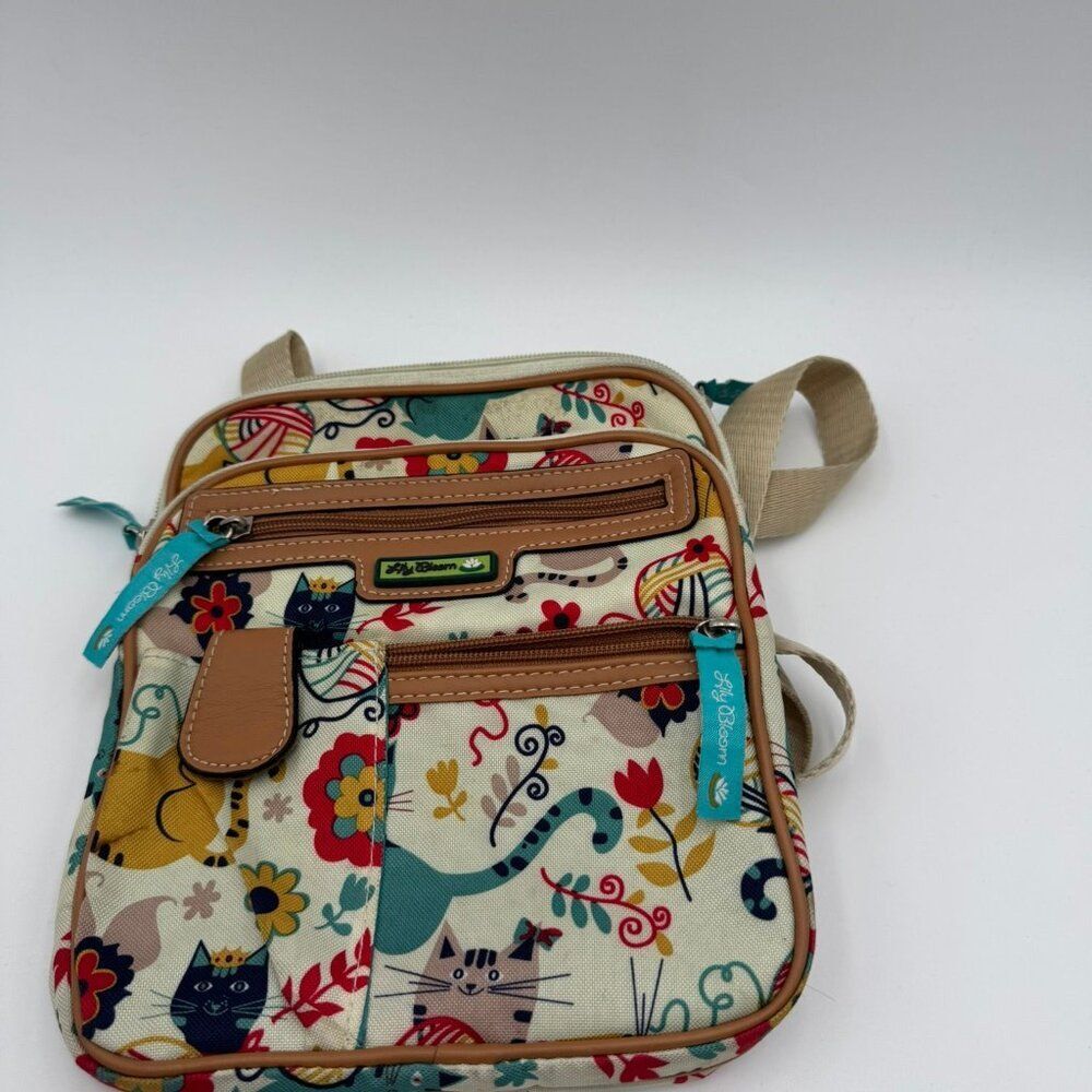 Lily Bloom Bag Womens Crossbody Canvas Cat Print Turquoise Lining Shoulder